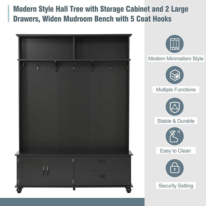 80.3” Tall Hall Tree with Cabinet and 2 Large Drawers, Modern Wooden Coat Hanger with 5 Coat Hooks and 2 Open Shelfs, Storage Bench, Entryway Bench (Black-Storage Cabinet)