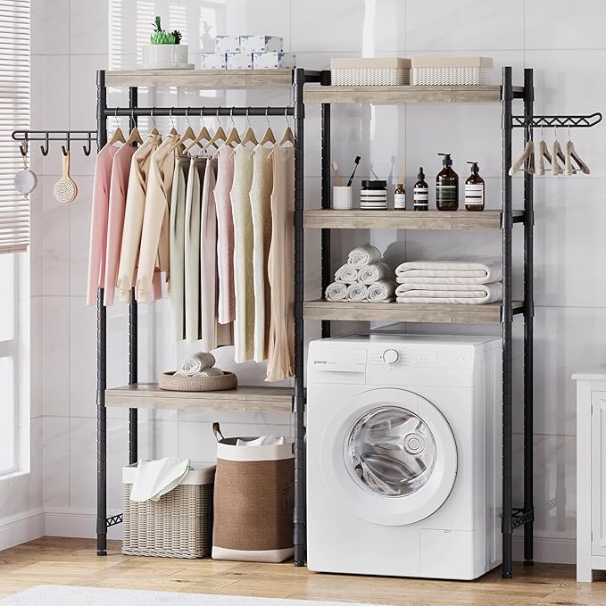 GAOMON Over The Washer and Dryer Storage Shelf, 5-Tier Adjustable Laundry Organizer with Double Layer Wood Shelves for Laundry Room Organization, Gray, 30 Inch