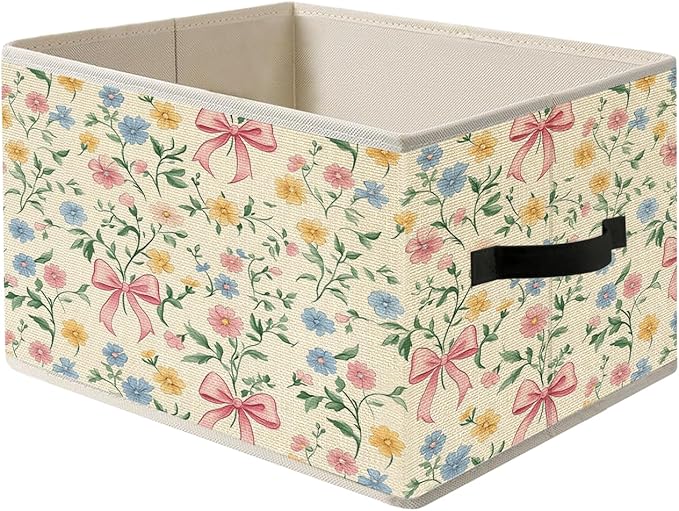 Coquette Pink Bow Floral Storage Bin Box with Handles, Rustic Colorful Flower Botanical Foldable Organizer Basket Toybox for Girls Room Dorm Bedroom Bathroom Clothes Toys Books