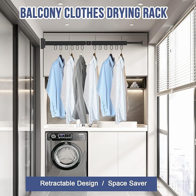 MIFXIN Clothes Drying Rack Foldable Wall Mounted Retractable Laundry Drying Rack Two-Fold Collapsible Clothes Hanger Folding Clothing Rack for Laundry Balcony (Black)