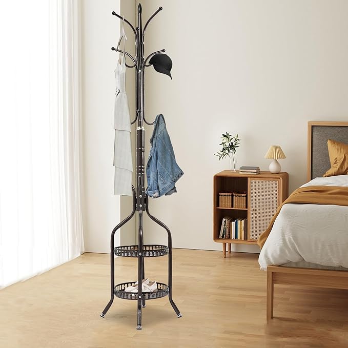 Multifunctional Metal Coat Rack Stand, Freestanding Coat Rack Hat Hall Tree with 2 Layer Basket and Practical Feet, Clothing Rack for Hallways, Living Rooms, Bronze