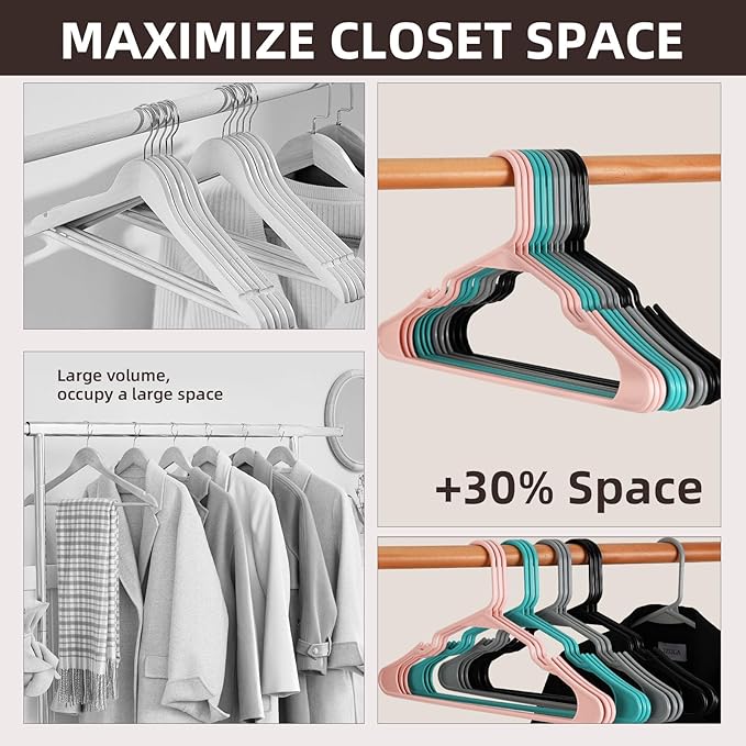 20 Pack Plastic Clothes Hangers Without Notches,Clothes Hanger Space Saving,Replete 2 Hooks Inside,Sturdy Design for All Garments (20, Black B)
