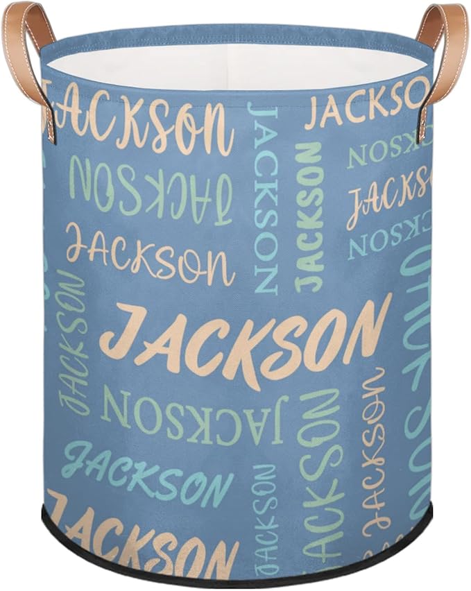 Custom Name Large Laundry-Basket for Kids-Boys-Girls, Personalized Foldable Waterproof Laundry Hamper Dirty Clothes Toys Storage Bin with Handles,Light Blue