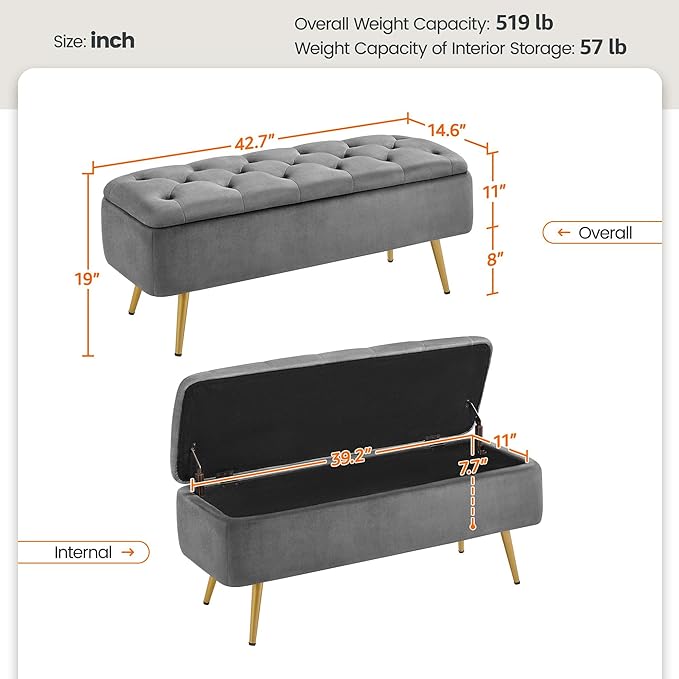Yaheetech Ottoman with Storage, Velvet Entryway Bench with Safety Hinge, Upholstered Bench with Seating for Bedroom, Living Room, Holds up to 519 lb, Gray