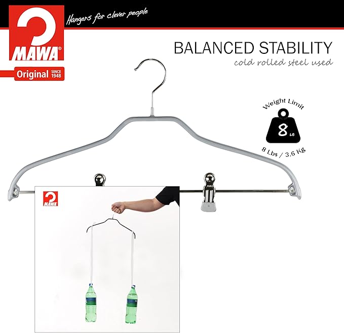 Mawa by Reston Lloyd Silhouette Series Non Slip Space Saving Hanger with Pant Clips, Style 40/FK,Set of 5, Silver