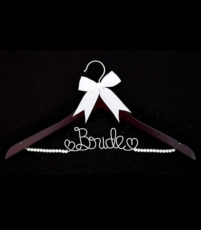 Ella Celebration Bride to Be Wedding Dress Hanger Wooden and Wire, Accented with Pearls and A Bow Bridal Hangers for Brides (Mahogany with Silver Wire and Pearls)