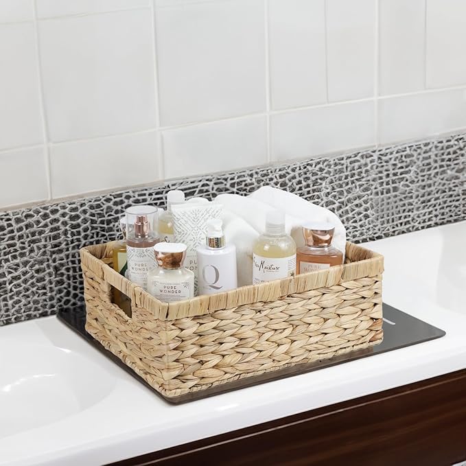 Wicker Baskets, Baskets for Organizing, Rattan Woven Basket for Storage, Organizer Bins with Built-in Handles, Storage Basket for Shelves (Water Hyacinth, Large)