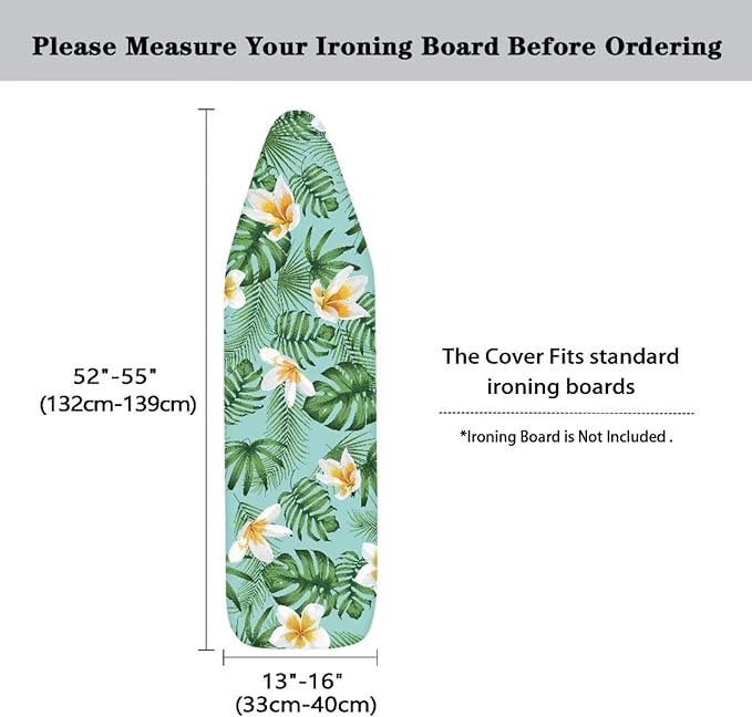 GLENLCWE Hawaiian Plumeria Green Palm Ironing Board Cover for All Standard Ironing Boards, Thick Pad Elastic Band Ironing Board Replacement Washable,15X54inch