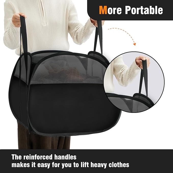 TECHMILLY Pop Up Foldable Laundry Basket, 90L Large Capacity Square & Tear Proof Laundry Hamper with Reinforced Handles for Dirty Clothes Storage in Dorm, Laundry Room, Bathroom, Black(Fabric), 2 Pack