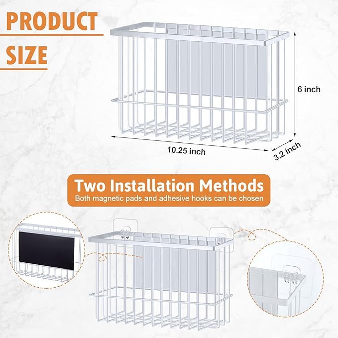 Menkxi 3 Pcs Magnetic or Adhesive Refrigerator Organizer Magnetic Baskets Kitchen Holder for Refrigerator Metal Shelf Rack Storage with 2 Types of Installation(White)