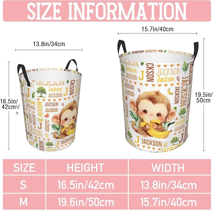 Monkey Laundry Basket,Custom Laundry Hamper with Name,Personalized Monkey Gifts for Boys Girls,Customize Collapsible Laundry Basket for Bedroom Bathroom,M-19.5"X 15.7"