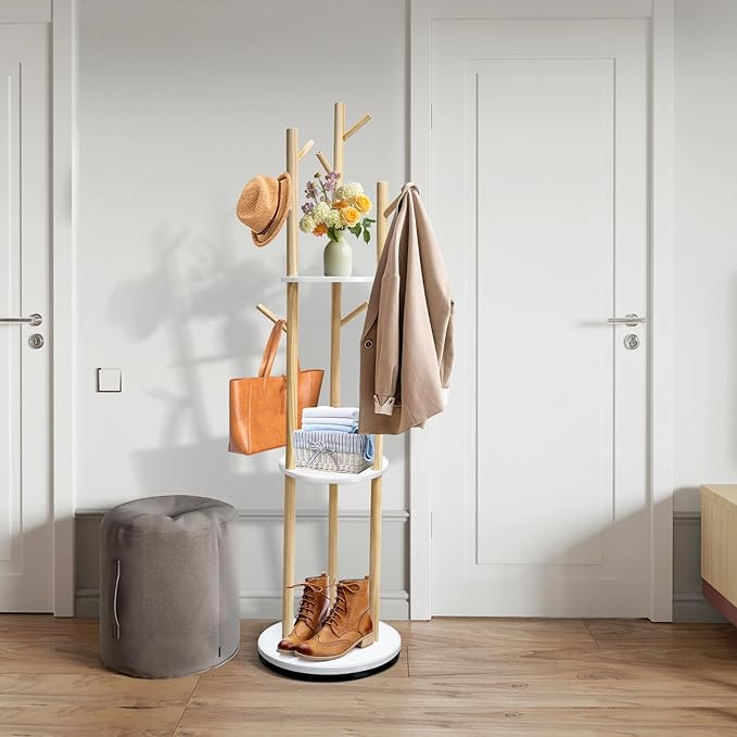 LIWSHWZ Solid Wood Rotary Coat Rack,Coat Rack Freestanding with 3 Shelves and 9 Hooks,Coat Hanger Stand for Purse,Bag,Hat,Corner Hanger Stand Racks for Hall,Entryway,Office,Modern Clothes Holder