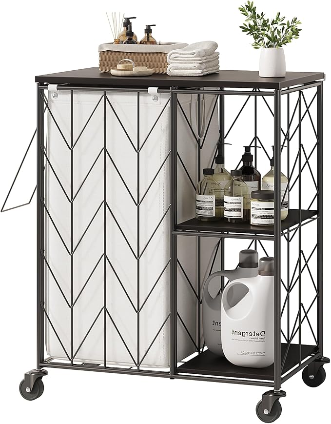 WOWLIVE Laundry Hamper with Lid, 95L Rolling Laundry Basket with Shelves, Iron-Made Laundry Cart with Wheels, Removable Liner, Laundry Room Organization, Bathroom, Black and White
