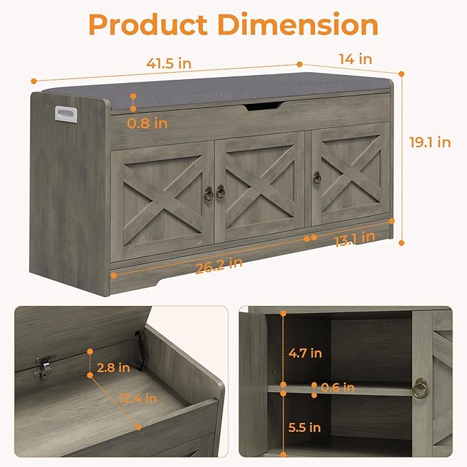 Farmhouse Shoe Storage Bench, Entryway Bench with Cushion Seat, Lift Top Storage, Adjustable Shelf, 3 Doors, 330 lbs Capacity, Storage Bench for Entryway, Bedroom, Living Room (Grey)