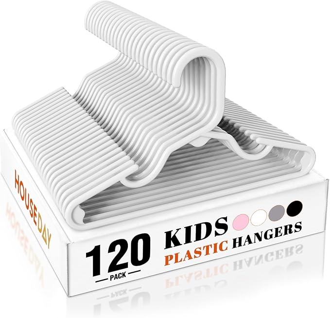 HOUSE DAY Premium Baby Hangers 120 Pack, 11 Inch Kids Plastic Hangers White, Slim Childrens Hanger for Infant, Toddler, Child Clothes, Non-Slip Sturdy and Durable Baby Clothes Hanger for Closet