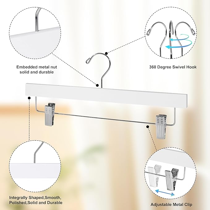 Quality Hangers Wooden Pants Hangers - 10-Pack Swivel Hook Cloth Hanger Set - Lotus Wood Skirt, Pant, Shorts and Slack Hangers with Adjustable Clip – White Clothing Hanger (White, 10)