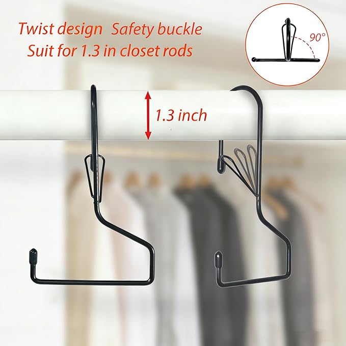 6 Inch Large Closet Rod Hooks with Safety Buckle, Unique Twist Design, Purse Hooks for Max 1.3 Inch Closet Rod. Hanging Clothes, Purse, Kitchen Utensils, Pots. (Black, 6 Pack)