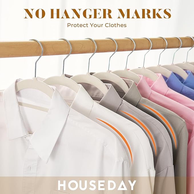 HOUSE DAY Velvet Hangers with Tie Bar 60 Pack Ivory, Clothes Hanger Non-Slip, Space Saving Felt Hangers for Pants, Coat, Suits, Shirt, Scarf, No Hanger Marks