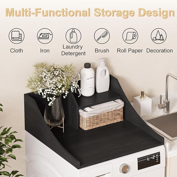 Laundry Countertop Single, 2-Tier Washer Dryer Countertop Laundry Topper with Edge and Non-Slip Pad for Washer Dryer Laundryroom Counter Storage Organization, Black 27‘’