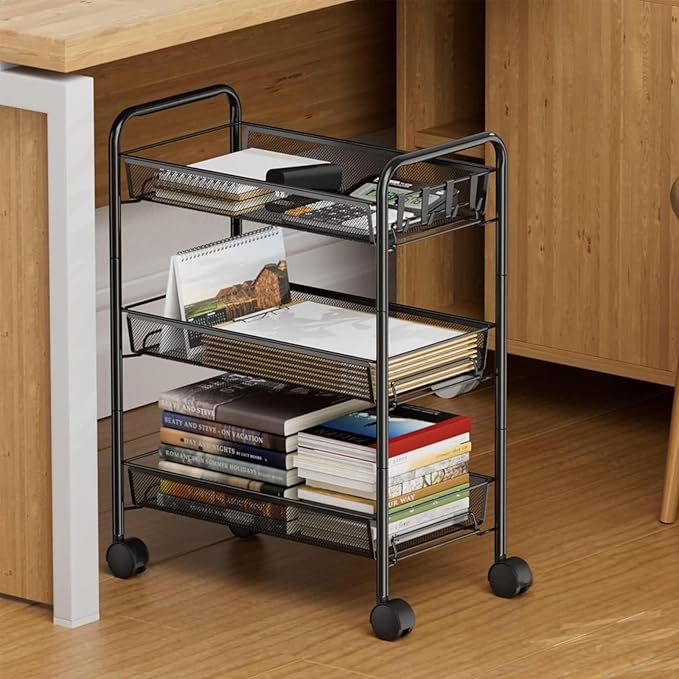 3 Tier Rolling Cart for Bathroom - Lightweight Metal Wire Storage Organizer with Wheels, Holds Toiletries & Cosmetics, Tool-Free Assembly, Black