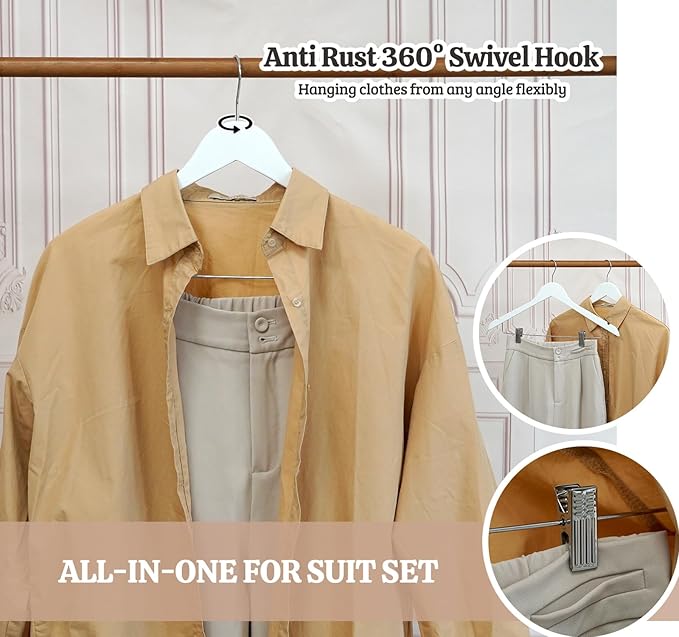 White Wooden Skirt Hangers with Clips 16Pack, Wooden Coat & Pants Hangers with Adjustable Metal Clips for Slacks, Jeans, Shorts, Jacket, Blouse, Clothes & Suit