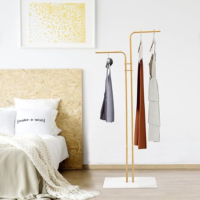 67in-Gold Clothing Rack with Base, Double Rod Freestanding Coat Rack Hanging Clothes, Bags, Hat and Shoes for Entryway Bedroom Garment Organizer, Clothing Stores Boutique Retail, Studio