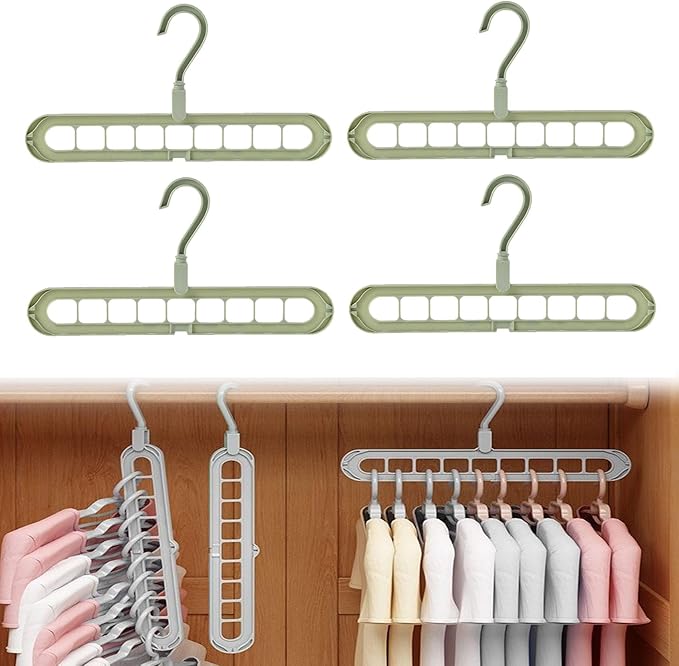 9 in 1 Smart Hanger, Upgrade Space Saving Hanger, 9 Holes Rotate Anti-Skid Folding Hangers with Multifunction Space Saving, for Heavy Clothes, Multiple Shirt, Shirts Pants (4pcs-Green)