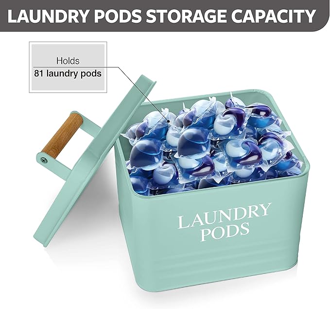 Calindiana Modern Farmhouse Metal Laundry Pods Holder Container with Lid for Laundry Room Decor and Accessories and Space Saving Organization and Storage, Holds 81 Laundry Pods, Mint