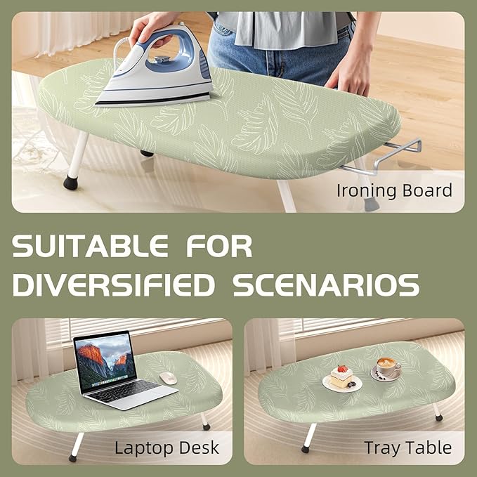 Mini Ironing Board Tabletop Ironing Board Compact Foldable Iron Board Thick Steel Tube with Heat Resistant Covers, Iron Rest for Dorms, Apartment and Travel (Green Leaf)