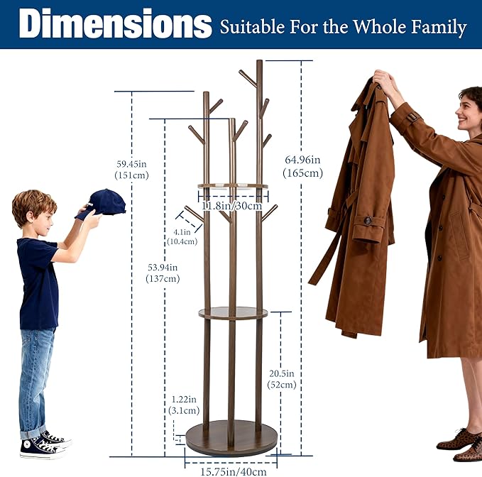 Solid Wood Rotary Coat Rack, Freestanding Coat Rack with 3 Shelves and 9 Hooks, Coat tree for Bedroom, Entryway, Livingroom, Coat Hanger Stand for Coats, Scarves, Handbags (Walnut)
