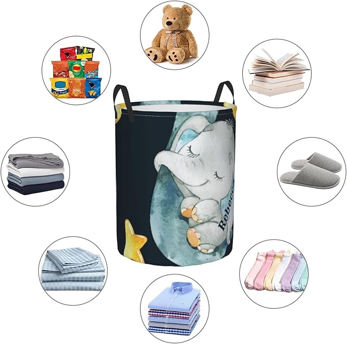 Sleeping Elephant Moon Personalized Laundry Hamper Custom with Name Collapsible Waterproof Storage Basket with Handles for Bedroom Decor Gift.