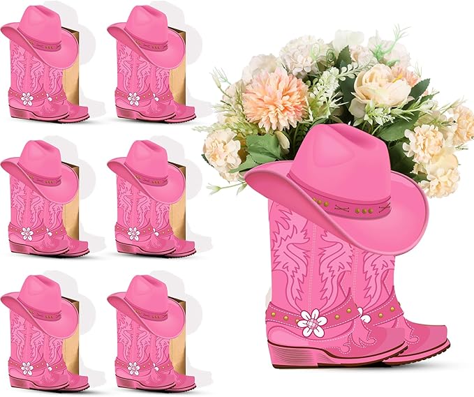 Domensi 8 set Western Cowboy Boots Flower Boxes Centerpiece Boot Shape Box Decorations Western Theme Party Boot Gift for Cowboy Cowgirl Birthday Party Baby Shower Wedding Supplies (Pink,Cute)