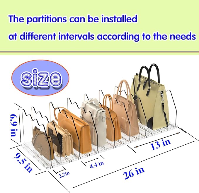 purse organizer for closet Sleek Transparent Acrylic Adjustable Organizer -shelf dividers Multifunctional for Home & Office Spaces (6 Baffles + 1 Hat Stand (Clear, 6+2)