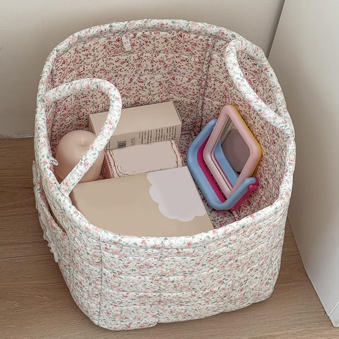 Quilted Fabric Storage Basket Boho Floral Laundry Baskets with Handles Collapsible Quilted Soft Basket for Car, Clothes, Toys Storage