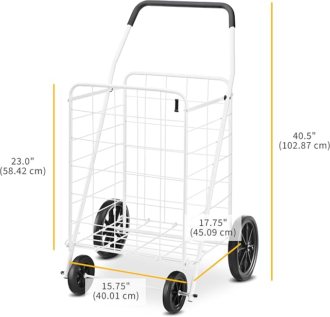 Whitmor Deluxe Utility Foldable Shopping Cart with Wheels, 100 Lb Capacity, Heavy Duty Grocery Cart with Steel Frame, Foam Handle, Rolling Folding Utility Trolley for Grocery, Laundry, Travel, White