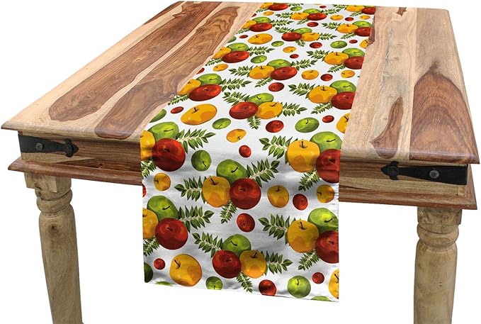 Ambesonne Fruits Table Runner, Apple Harvest Themed with Fruit and Leaves Illustration Autumn Season, Dining Room Kitchen Rectangular Runner, 16" X 120", Burnt Sienna and Yellow