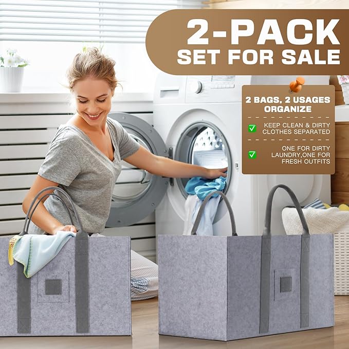 Large Laundry Tote 55L, 2 Pack Fabric Laundry Baskets with Handles, Woolen Clothes Hampers for Dorm, Laundry, Grocery, Traveling, Camping, Shopping, Versatile Storage Solutions (Light Grey)