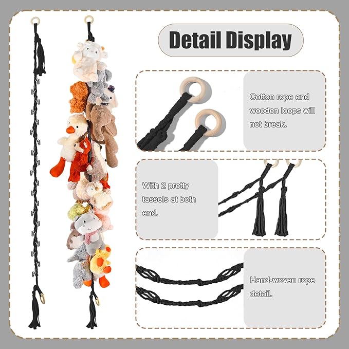 80" 2-Pack Cotton Hanging Storage Chain For Stuffed Animals Storage with 20 Metal Clips, Stuffed Animal Organizer Chain for Wall Corner Nursery Play Room, Black