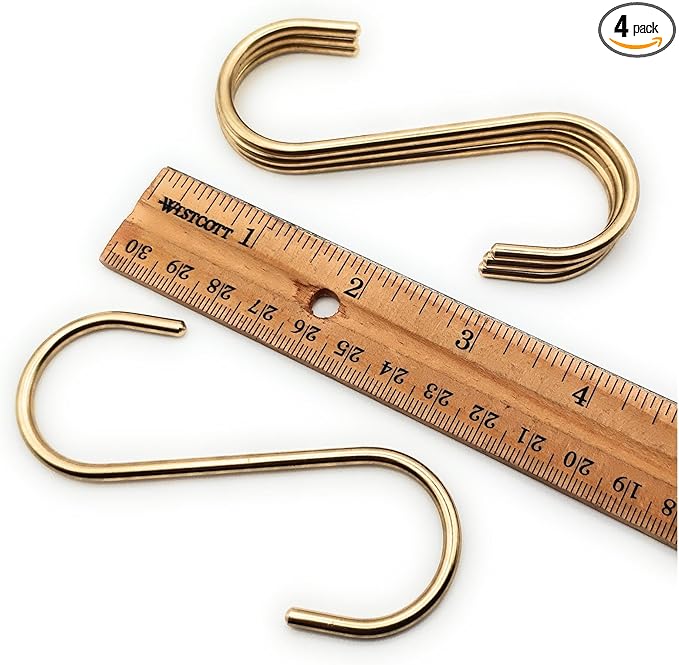 S Hooks, 3.75", Non-Magnetic Solid Brass, Rounded-End Craftsmanship, 4 Pack, Gold - for Kitchen Rack Rail Closet Dorm Hanging Pans Pots Coffee Mugs Jeans Towels Bags Purse