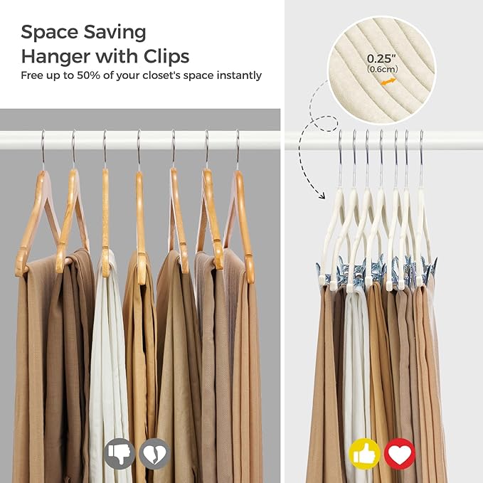HOUSE DAY Velvet Hangers with Adjustable Clips 30 Pack, Non-Slip Suit Organizer with 360° Hook - Heavy Duty Hanger for Pants, Skirts, Blouses, Dresses - Outfit Hangers All-Season Space Saver (Ivory)