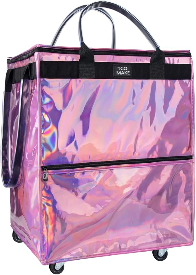 (Large, Phantom Pink) Reusable Grocery Bag on Wheels, Shopping Bags with Wheels and Handle, Folding Rolling Tote, Zipper Cover, Carries Up to 76 LBS, for Laundry, Picnic