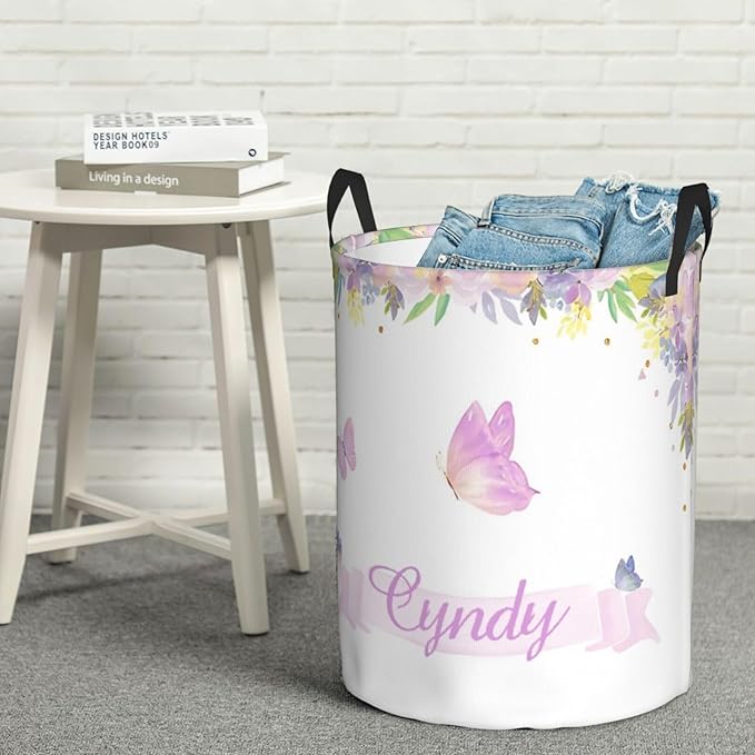 Personalized Laundry Basket for Nursery, Custom Nursery Laundry Hamper with Name, Customize Baby Clothes Circular Hamper for Boys Girls Room Decor, Butterfly Floral