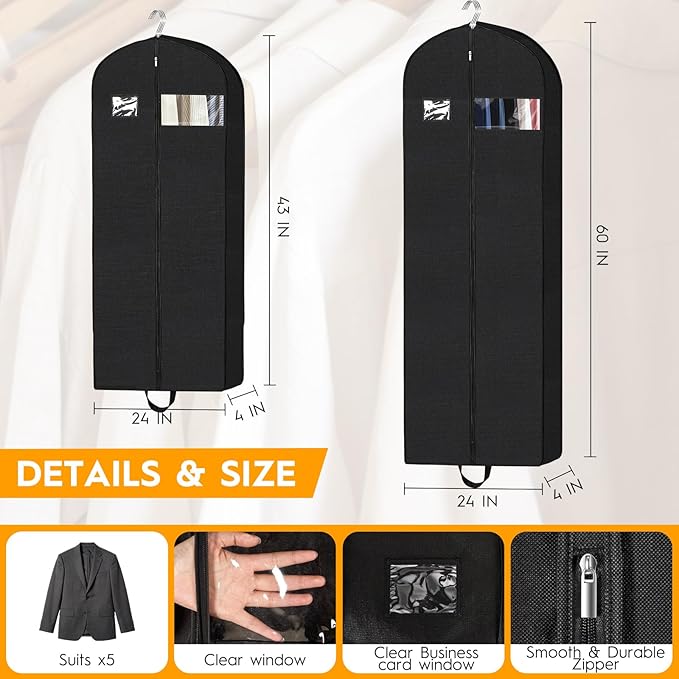 6-Pack Garment Bags for Storage & Travel - 60" & 43" Hanging Clothes Bags with 4" Gusset, Clear Window, Handle & ID Holder | Suit, Dress, Coat Covers for Closet Organization