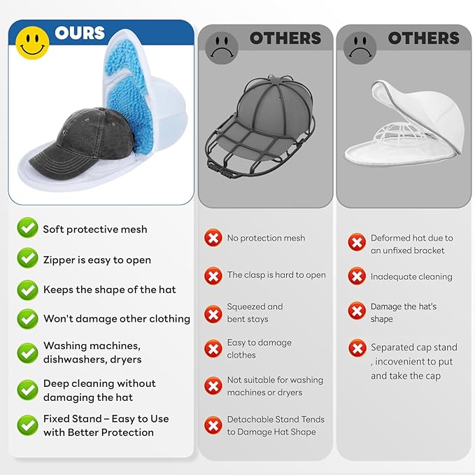 Upgraded Hat Washer Cage with Protective Mesh Bag, Durable Hats Cleaner for Caps, Hat Washing Cage with Chenille Liner - Reusable, Fixed Holder, Prevents Deformation, Fits Adult & Kids Caps, 2 Pack