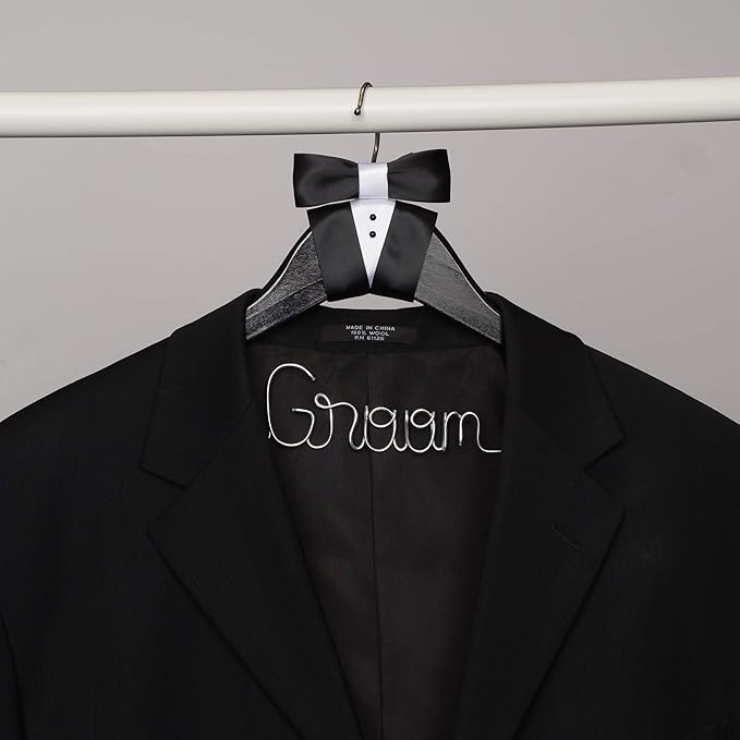 Ella Celebration Groom Hanger for Tuxedo or Suit, Hangers for Bridal Party, Wooden and Wire, Black Wood (Groom)