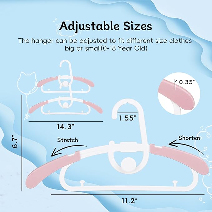 30 Pack Baby Kids Clothes Hangers Adjustable Stackable for Infant to Children - Thick Plastic, Non-Slip, Space Saving, Pink