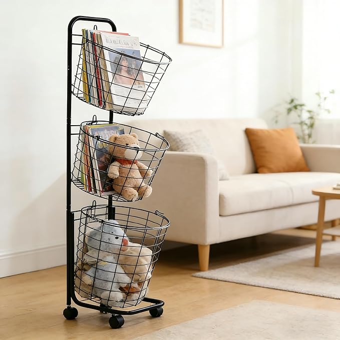 3-layer Standing Clothing Sorting Laundry Basket,Dirty Clothes Basket Rack with Wheels, Durable Removable Iron Wire Metal Classification Storage Rack for Sort and Store Dirty Towels, Bedding, Black