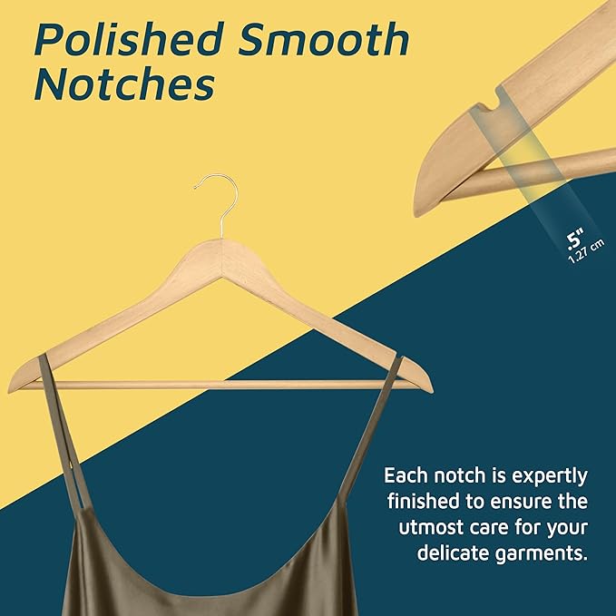 Lifemaster Wooden Hanger Set - 50 Pieces Non-Slip Versatile Closet Space-Saving Hanger Set for Suit, Coat, Camisole, Jacket, Pants, and Dresses with Rotating Swivel Hook - Natural Wood