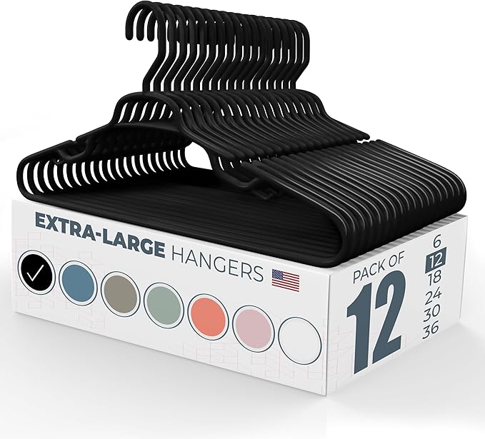 Neaties Large & Wide Heavy Duty Clothes Hangers 12 Pack – Made in USA – Ideal for Plus Size Clothing – 10lb Plastic Hangers with Notches for Oversized Adult Coats & Pants – Black