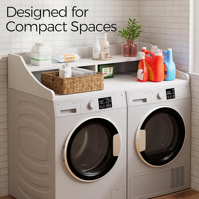 2-Tier Washer Dryer Topper, 54" x 27.6" Washer Dryer Countertop with Non-Slip Mat, Laundry Room Organizer with Storage Shelf for Folding & Sorting Clothes,White
